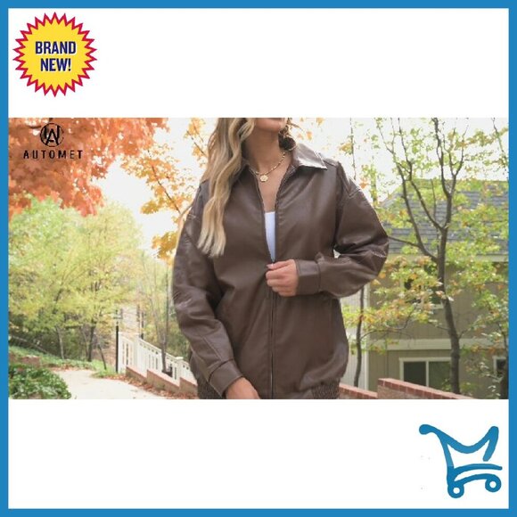 Oversized Faux Leather Motorcycle Jacket - Zipper Closure Fall Coat - Picture 7 of 7